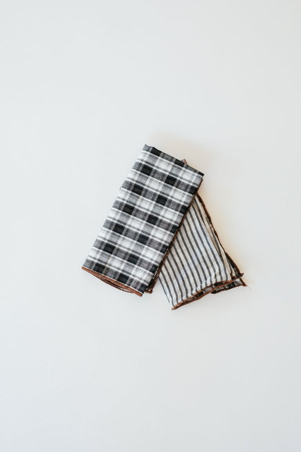 Set of 2 Black Plaid/Stripe Reversible Linen Napkins